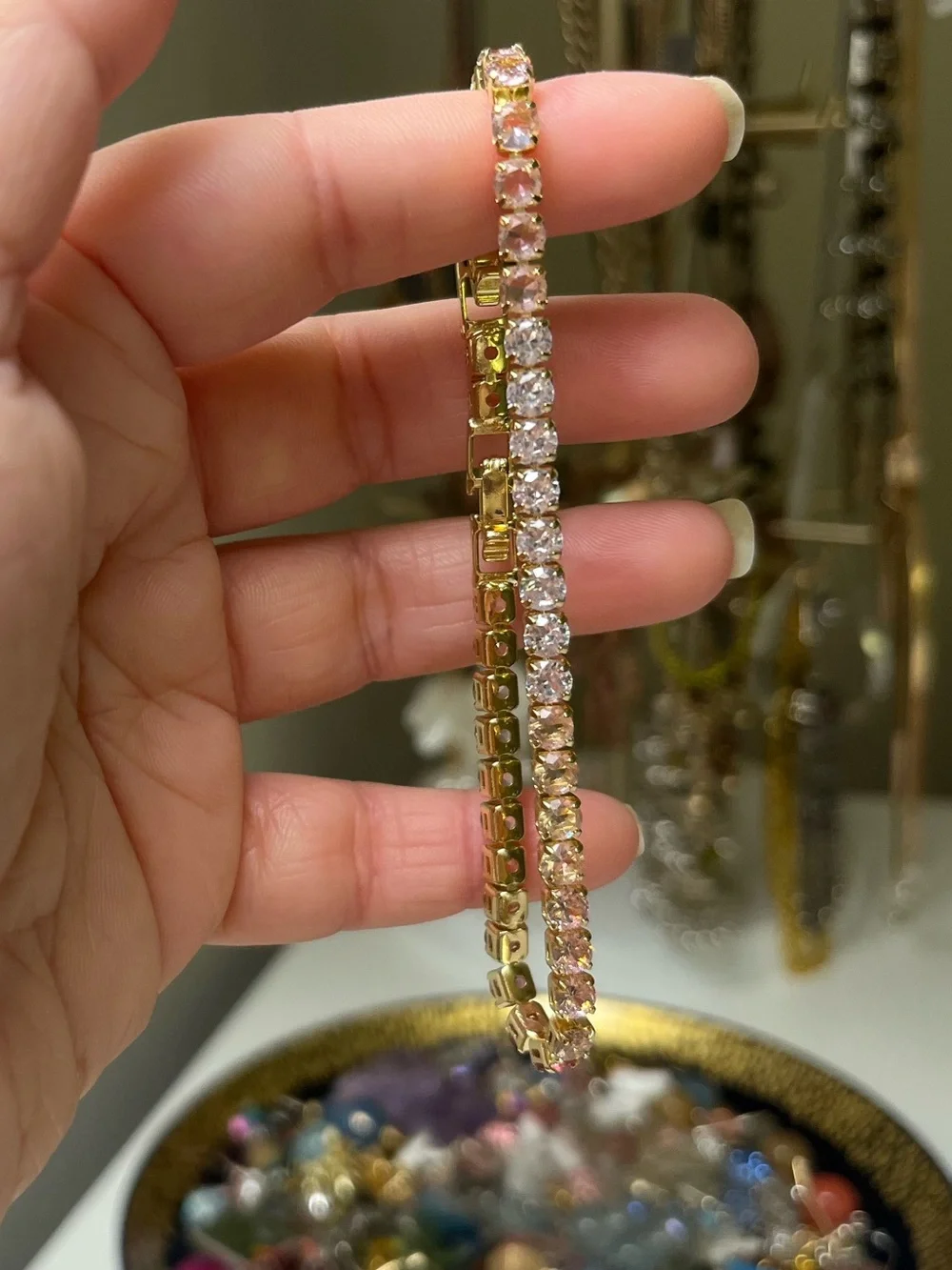 Cubic Zirconia Pink Ombré Gold Tone Tennis Bracelet